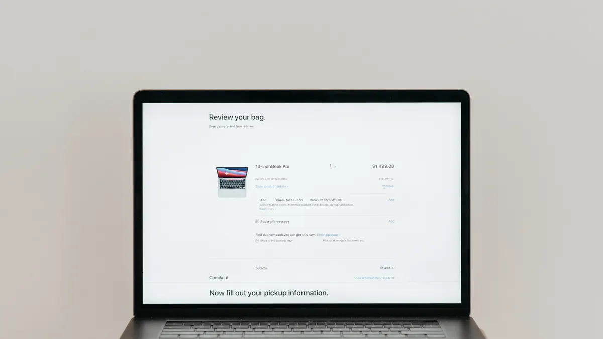 laptop showing an online checkout or order review page