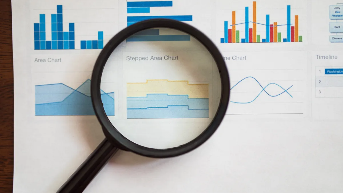 Magnifying glass over chart examples on a report